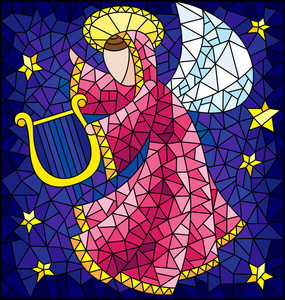 一个彩色玻璃窗中的抽象天使穿着粉红色长袍，手里拿着竖琴，对着天空和星星