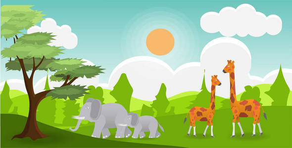 大象和长颈鹿生活在绿色的丛林里。 野生动物生命具有完整的自然节能处理与太阳和云蓝天背景矢量艺术和插图。