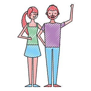微笑的夫妇年轻的女人和在一起，拥抱矢量插图，绘制颜色设计