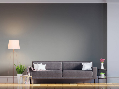 带皮沙发的客厅有枕头灰墙和木地板3渲染