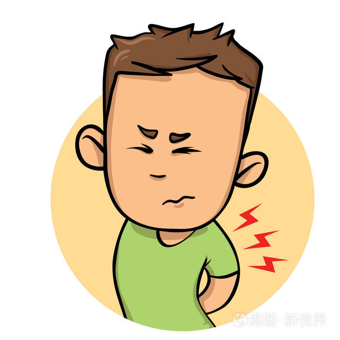 年轻的家伙感到背部疼痛.平面设计图标.平面矢量图.在白色背景下隔离
