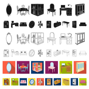 家具和室内平面图标集合中的设计。家居装饰矢量等距符号库存 web 插图
