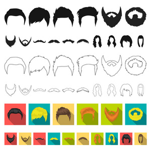 胡子和胡子, 发型平面图标集合中的设计。时尚发型矢量符号股票网页插图