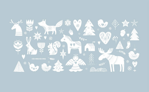 圣诞节插图, 横幅设计在斯堪的纳维亚风格的手绘元素