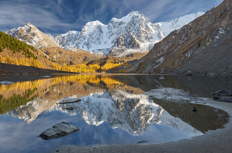 明亮多彩的黄秋山湖俄罗斯西伯利亚阿尔泰山丘崖岭。