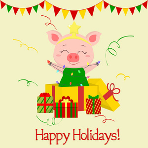 新年快乐，圣诞贺卡快乐。 穿着圣诞树服装的可爱猪站在礼品盒里。 中国日历上新年的象征。 2019.矢量。