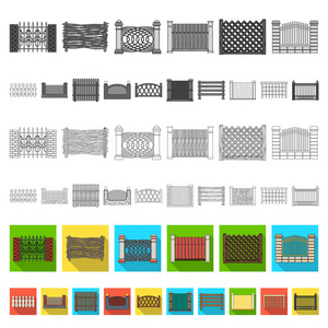 不同的栅栏平面图标集集合中的设计。装饰性击剑矢量符号股票网页插图