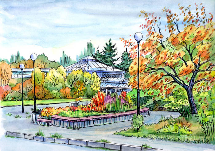 公园用温室,素描,水彩画.莫斯科秋天植物园的景观.
