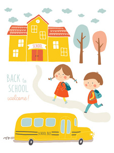 快乐第一天的学校贺卡设计。孩子们去上学。可爱的男孩和女孩与学校建筑和校车。动画片矢量剪贴画 eps 10 例证在白色背景。手工刻