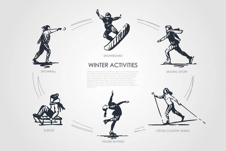 冬季活动雪球, 滑雪板, 滑冰运动, 越野滑雪, 花样滑冰, 雪橇向量概念集