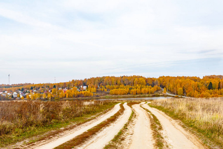 土路穿过田野。 俄罗斯的秋天。