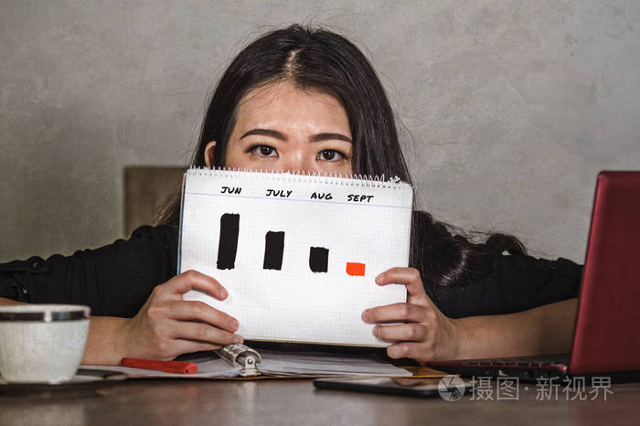 忧心忡忡沮丧的亚裔华裔女商务人士情绪低落持有图显示股市压力下降