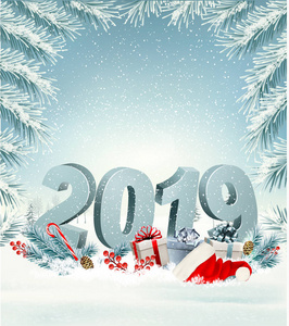 圣诞快乐背景与2019年和礼品盒和圣诞老人帽。 向量