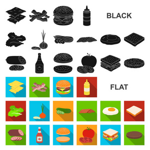 汉堡和配料平面图标集的设计。汉堡烹饪矢量符号股票网页插图