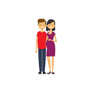 怀孕微笑的妻子幸福的丈夫全长头像在白色背景, 成功的家庭概念, 平面卡通
