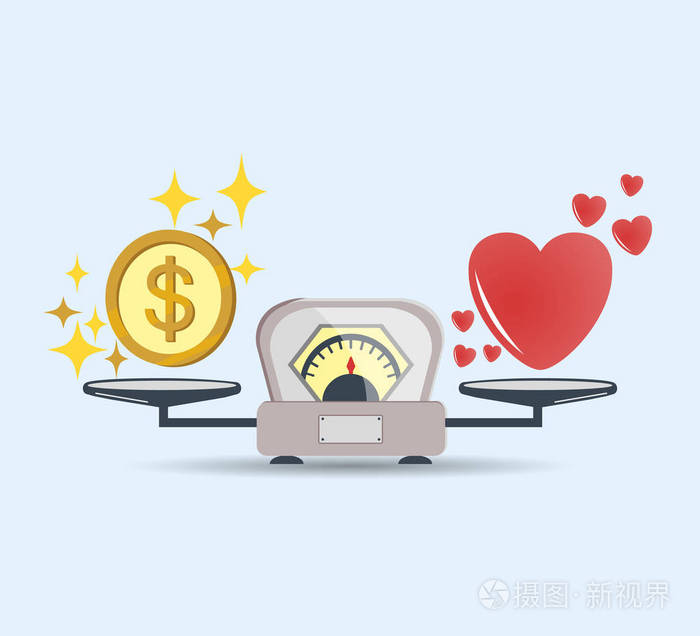 金钱和爱情在规模上的平衡. 选择的概念. 有爱和钱币的天平.