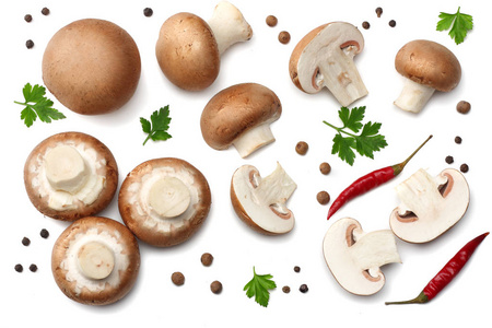 新鲜香菜蘑菇与欧芹分离在白色背景。 顶部视图