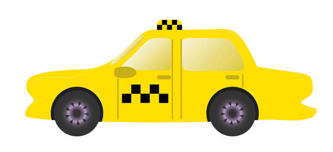 出租车，黄色汽车与出租车顶部标志，卡通风格。侧视。矢量图。
