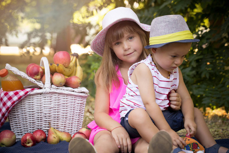 可爱的小女孩和一个男孩坐在公园的毯子上，在一个阳光明媚的夏日玩耍。 那个女孩拥抱了一个小男孩。 在男孩和女孩附近有一个野餐篮，里