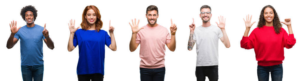 非洲裔美国人，西班牙裔和高加索人的组成，在孤立的白色背景上显示和举着手指第六，同时微笑自信和快乐。
