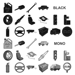 汽车, 车辆黑色图标集收集为设计。汽车和设备矢量符号股票网站插图