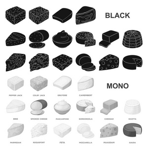不同类型的奶酪黑色图标集合中的设计. 牛奶产品奶酪矢量符号股票网页插图