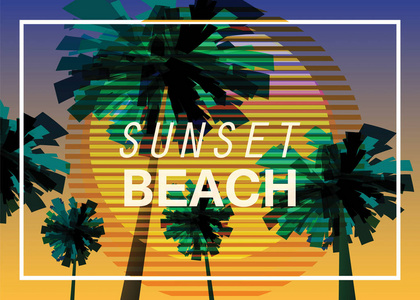 热带日出在海滨海洋景观与棕榈极简主义插图。 海景日出或日落