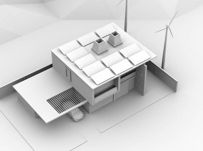 车库电动汽车充电的粘土渲染。 由太阳能电池板和风力涡轮机供电的智能家居。 三维渲染图像。