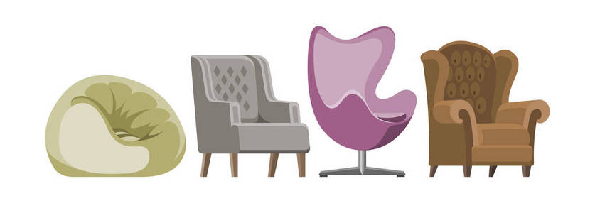 椅子向量舒适的家具扶手椅和座椅脚凳设计在家具的公寓内部插图一套商务办公椅或在白色背景隔绝的方便椅子