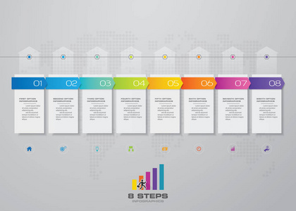 8个步骤时间表信息要素。 8步信息矢量横幅可用于工作流程布局图展示教育或任何数字选项。 eps10。