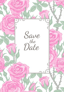 复古风格的框架与花卉装饰。 白色背景上粉红色玫瑰图案。 婚礼设计精美卡片模板
