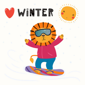 手绘矢量插图一只可爱有趣的狮子滑雪板户外冬季与文字冬季。 斯堪的纳维亚风格的平面设计。 儿童印刷品概念