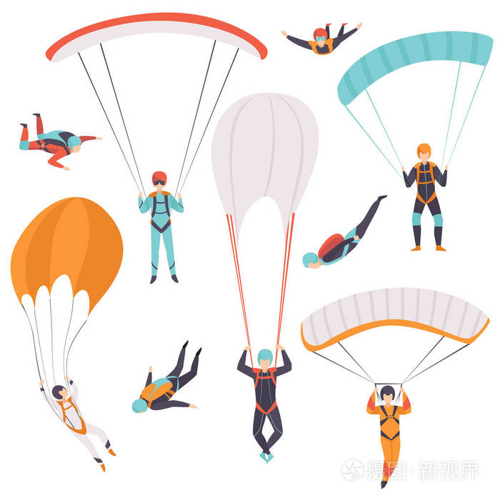 插画 跳伞男子通过空气中坠落降落伞设置, 极限运动, 休闲活动概念