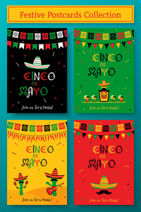 一套cincodemayo事件宣传模板..节日矢量插图收集与索布雷罗和发髻，龙舌兰瓶，鸡尾酒和玛丽亚奇乐队的国家墨西哥假日在辛科