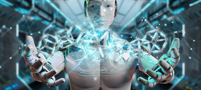 模糊背景下的白色机器人创造未来技术结构三维渲染