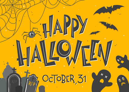 万圣节海报与字母ghostsbats和spider.hallowen设计完美的版画，传单，邀请，剪贴簿，恭喜和更多。矢量万圣节插