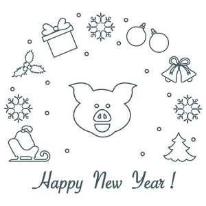 新年快乐2019年卡。 圣诞树猪雪橇袋槲寄生礼品盒球铃铛雪花。 猪是2019年中国新年的象征。