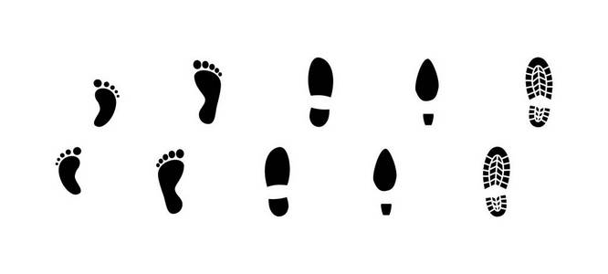 人类脚印标记设置。 婴儿男性女性脚印记。 赤脚和靴子脚印。