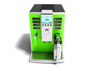现代绿色咖啡机，配奶器，一杯前视图，3D渲染白色背景白色阴影。