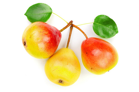 三成熟的红色黄色梨果与叶子被隔绝在白色背景。顶部视图。平躺模式