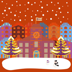 橙色白色和粉红色的明信片。 矢量图。 令人惊叹的仙女之家装饰在圣诞节风格。 神奇森林里的风景。 不寻常的圣诞插图。