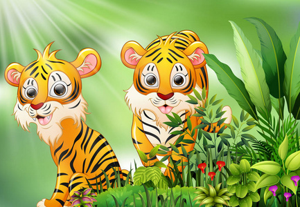 自然场景与两只老虎卡通