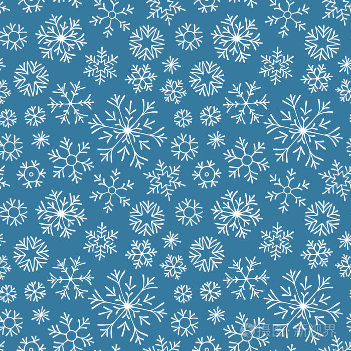 手绘涂鸦无缝图案. 白色雪花在黑暗的背景上.