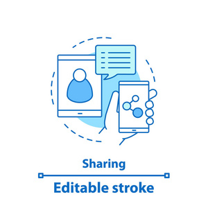 内容共享概念图标。 社交媒体理念细线插图。 信使。 在线交流。 矢量孤立轮廓绘制。 可编辑行程