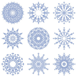 矢量收集艺术冰冷抽象水晶雪花孤立在背景上，如冬季12月装饰组或收藏。 冰霜美丽的星饰剪影或季节艺术