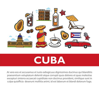 古巴旅游海报，介绍古巴文化著名符号和哈瓦那地标
