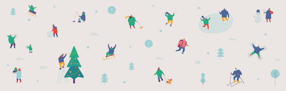 冬季季节背景简单的人物。 冬季假日季节和圣诞节矢量简单图案。 平面矢量插图。