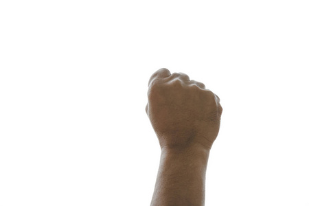 上升手势作为一个拳头形状孤立在白色背景与剪裁路径。 各种含义的概念侵略抗议强烈愤怒胜利叛乱和罢工