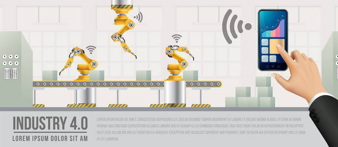 未来走向工厂和工业..人们使用智能手机与工厂连接，并与神经网络交换数据。智能工业4.0信息图表。人工智能。