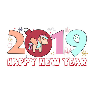 新年快乐2019卡与可爱的独角兽为您的设计